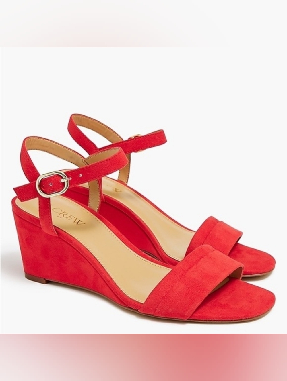 J Crew Factory Red Suede Wedge Sandals 9.5 Ankle Strap Classic Summer Heels